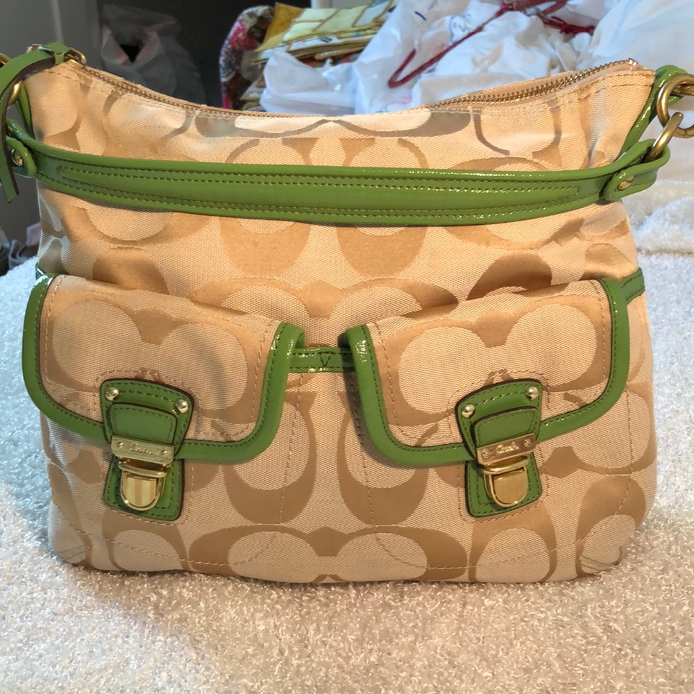 Coach tan gold and lime green bag